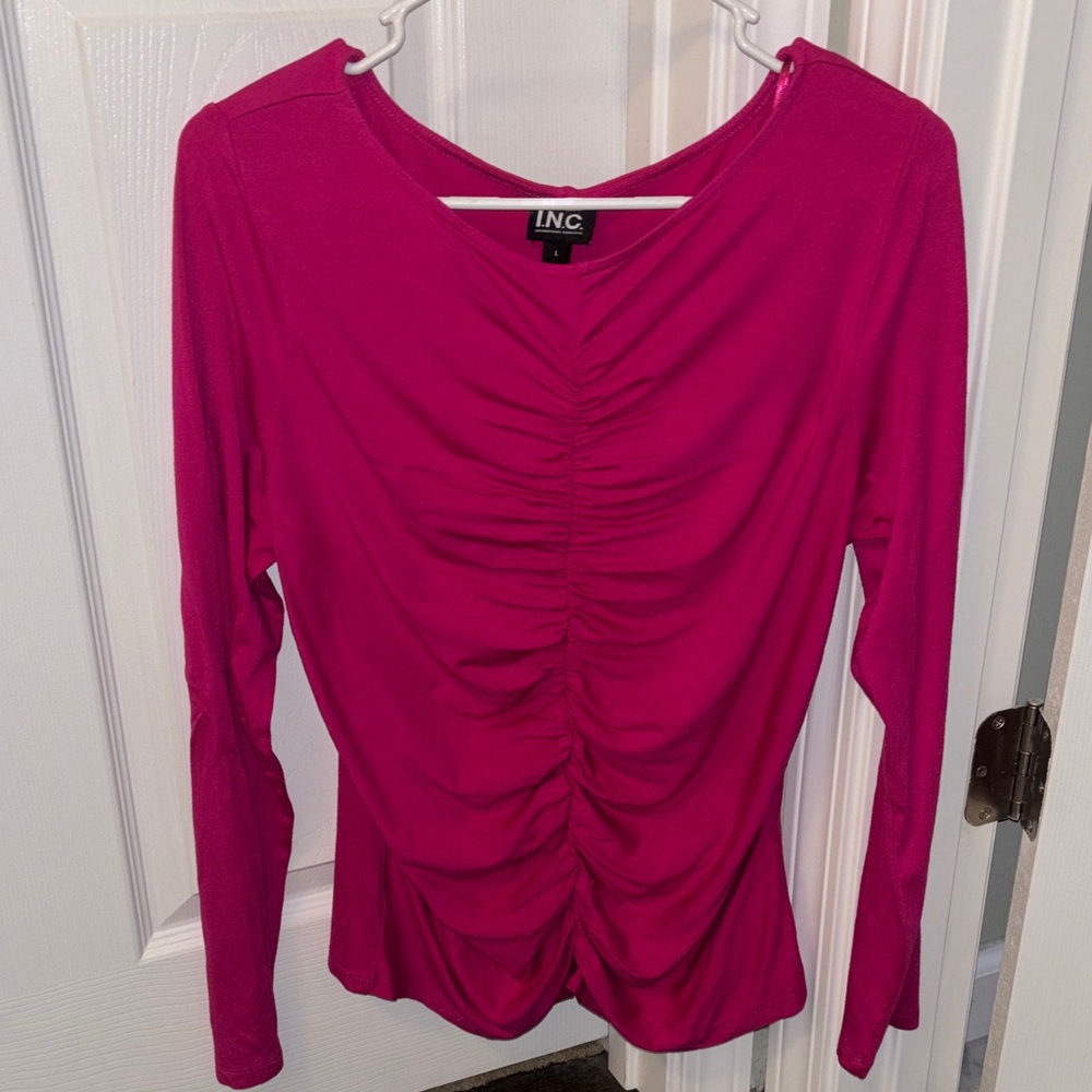 INC International Concepts Fuchsia Ruched Lightweight Long Sleeve Top